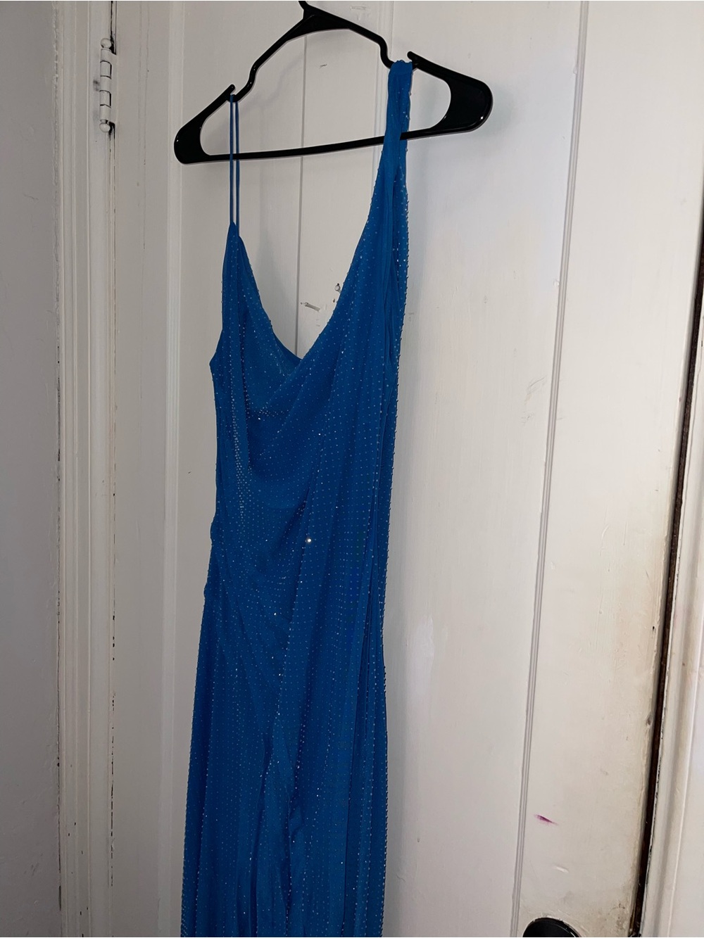 Blue Sparkling Sleeveless Draped Evening Dress